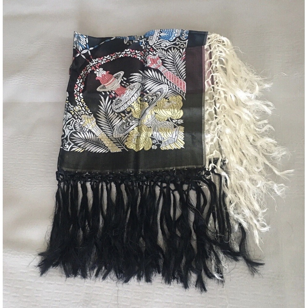 Vintage Taj Mahal Silk Satin Piano Shawl Scarf Fringes Brocade Woven 32x32